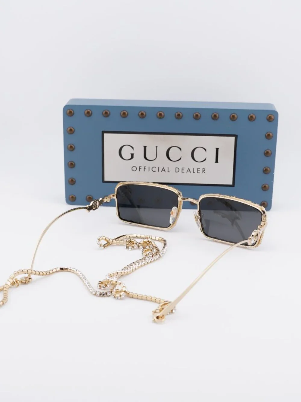 Gucci GG1568S 001 Rectangle Sunglasses - Gold with Gold Chain/Grey